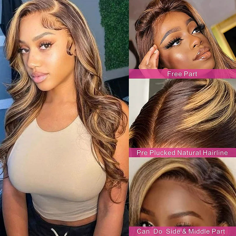 150% 13x4 Body Wave Lace Wig Human Hair Highlight P4/27