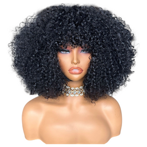 14 inch Full and fluffy curly human hair wig with fringe