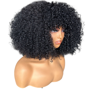 14 inch Full and fluffy curly human hair wig with fringe