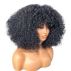 Peluca de cabello humano rizado, esponjosa y completa de 14 pulgadas con flequillo.