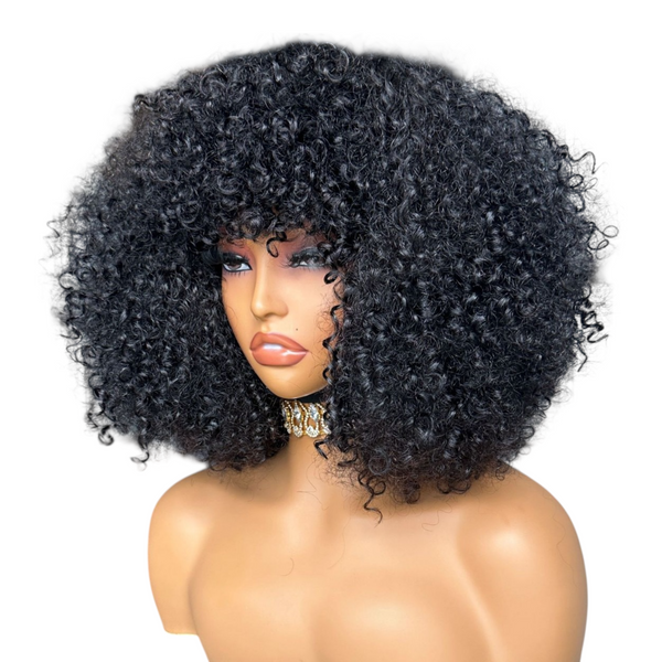 14 inch Full and fluffy curly human hair wig with fringe