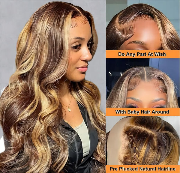 150% 13x4 Body Wave Lace Wig Human Hair Highlight P4/27