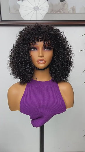 14 inch Full and fluffy curly human hair wig with fringe